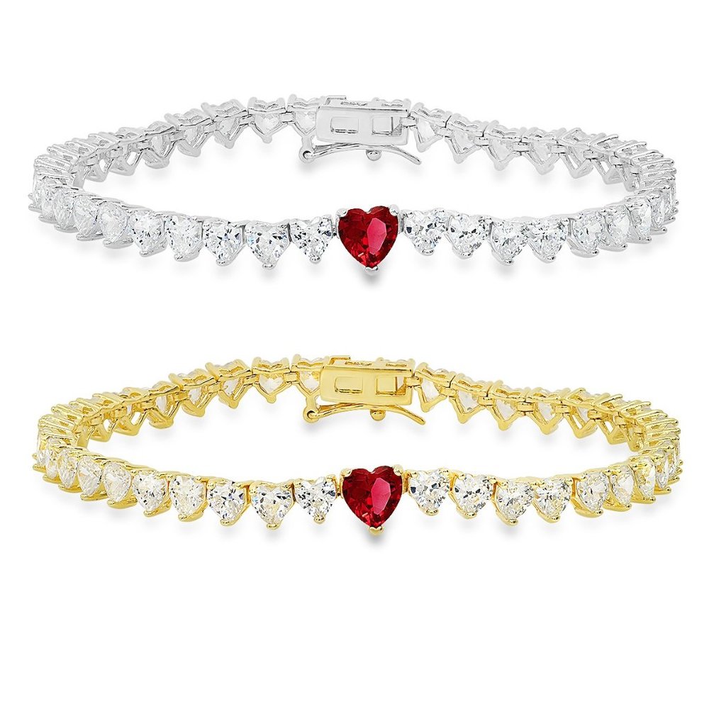 Gold/Silver Ruby & Diamond Heart-cut Tennis Bracelet - 7.25" - Stamped 925